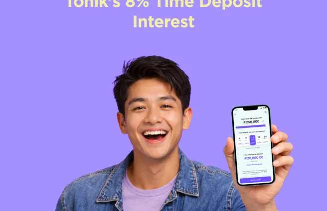 Two Tonik customers talking, one is saying “Have you tried the Tonik 8% Time Deposit?