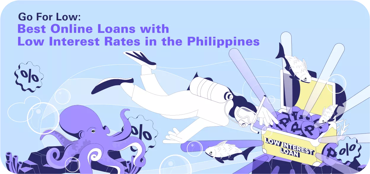 man with bar graph background floating down, with elements of the best online loans with low interest rates in the Philippines.