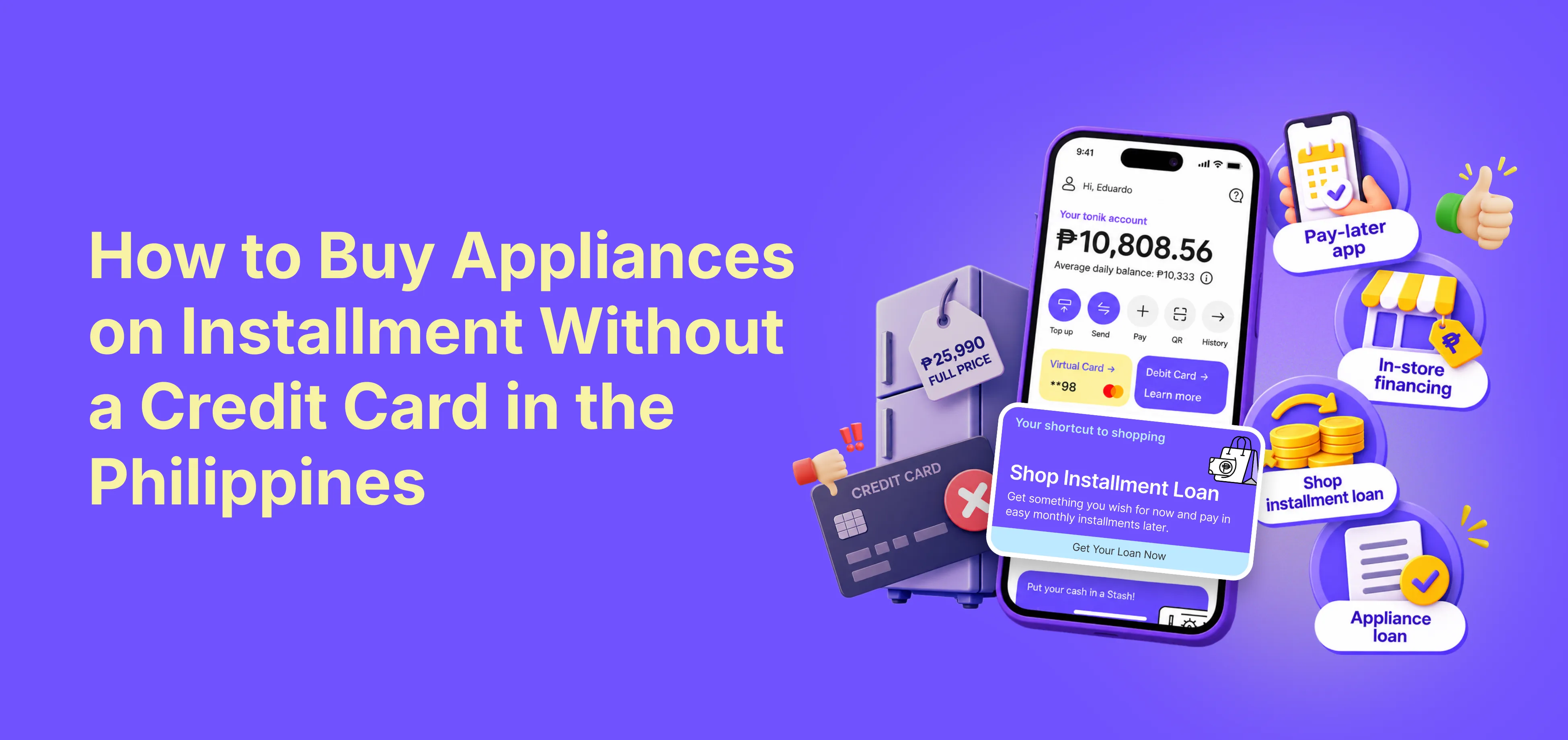 Person comparing installment plans on a phone while shopping for a refrigerator and washing machine 