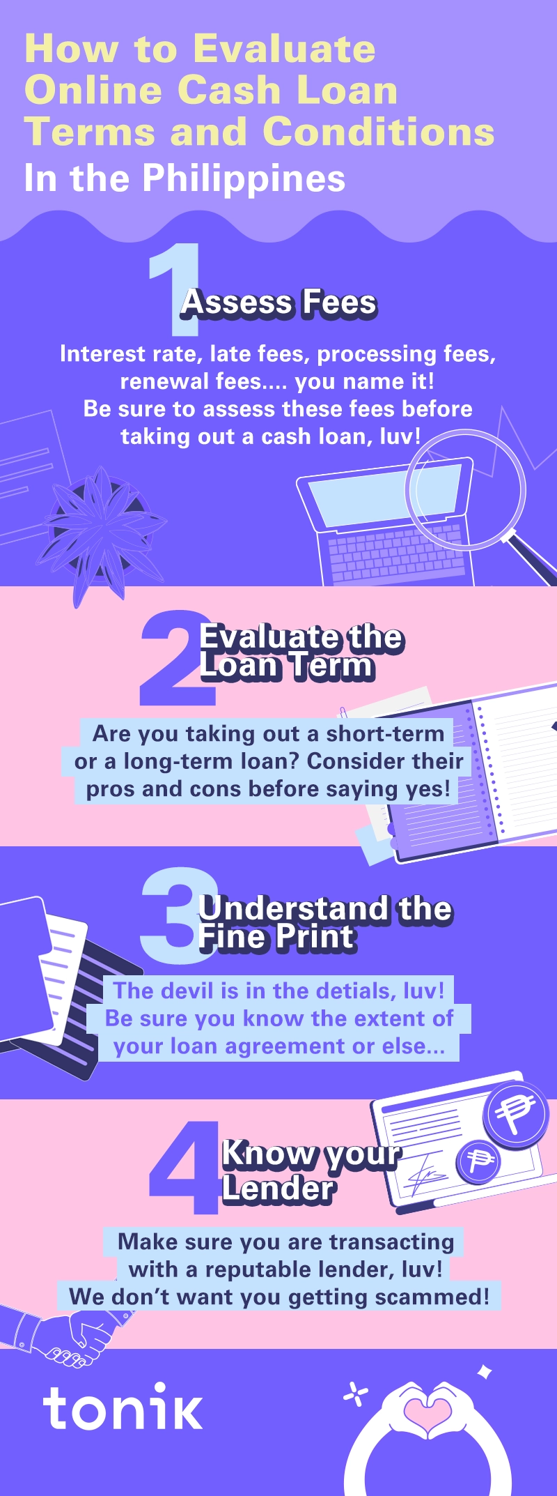 infographic that shows 4 tips on how Filipinos can evaluate their online cash loan terms and conditions